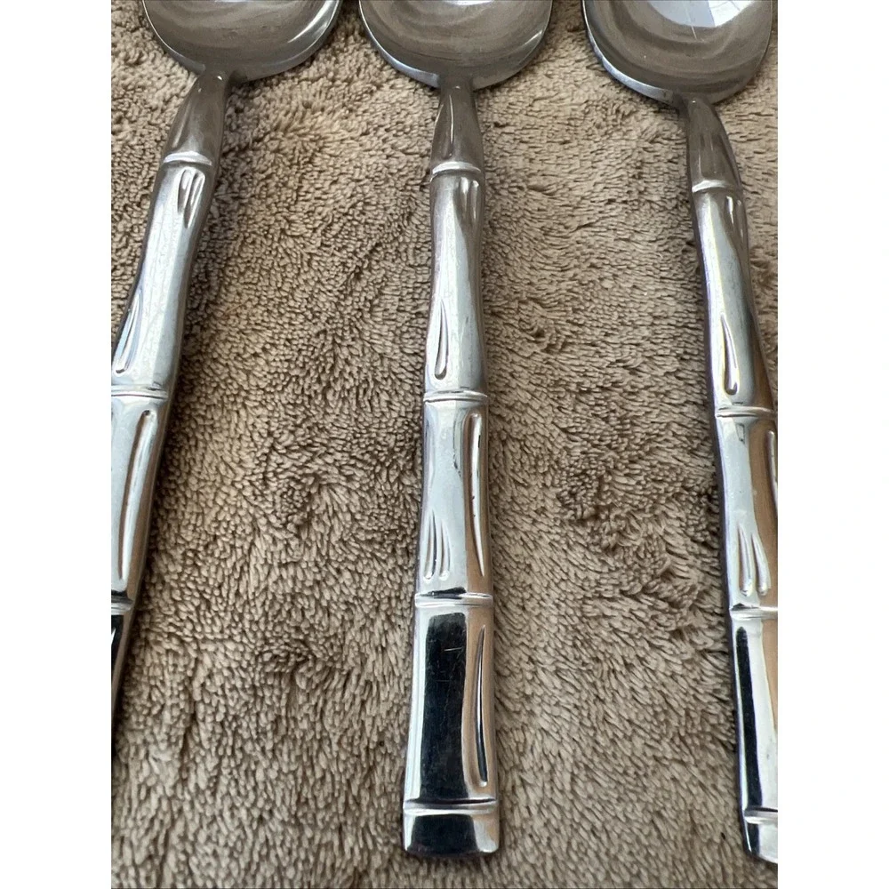 Stainless‎ Steel Japan Oval Soup Spoons Bamboo Pattern Lot Of 4